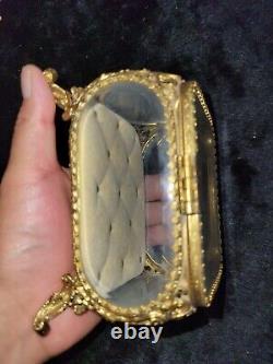 Antique Filigree Ormolu Jewelry Box Casket With Beveled Glass Display Case