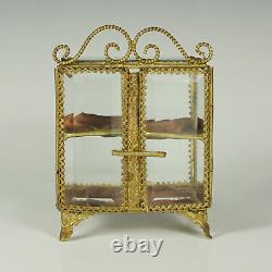 Antique French Beveled Glass Brass Jewelry Box Vitrine Display Case, Double Door