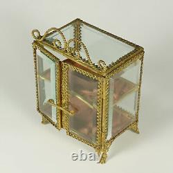 Antique French Beveled Glass Brass Jewelry Box Vitrine Display Case, Double Door
