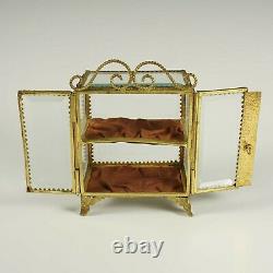 Antique French Beveled Glass Brass Jewelry Box Vitrine Display Case, Double Door