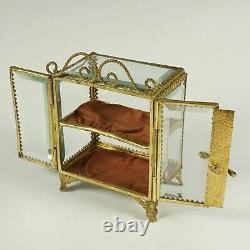 Antique French Beveled Glass Brass Jewelry Box Vitrine Display Case, Double Door