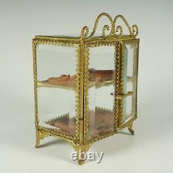 Antique French Beveled Glass Brass Jewelry Box Vitrine Display Case, Double Door