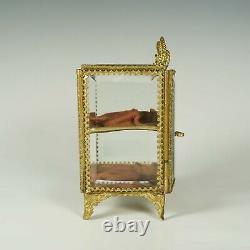 Antique French Beveled Glass Brass Jewelry Box Vitrine Display Case, Double Door