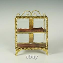 Antique French Beveled Glass Brass Jewelry Box Vitrine Display Case, Double Door