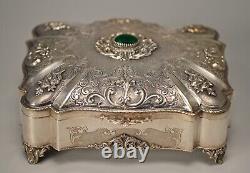 Antique Original Vintage 800 Sterling Silver Chalcedony Stone Floral Jewelry Box