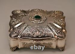 Antique Original Vintage 800 Sterling Silver Chalcedony Stone Floral Jewelry Box