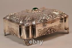 Antique Original Vintage 800 Sterling Silver Chalcedony Stone Floral Jewelry Box