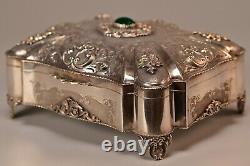 Antique Original Vintage 800 Sterling Silver Chalcedony Stone Floral Jewelry Box