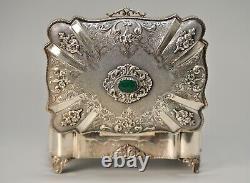 Antique Original Vintage 800 Sterling Silver Chalcedony Stone Floral Jewelry Box