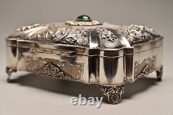 Antique Original Vintage 800 Sterling Silver Chalcedony Stone Floral Jewelry Box