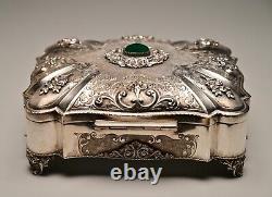 Antique Original Vintage 800 Sterling Silver Chalcedony Stone Floral Jewelry Box