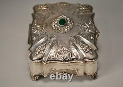 Antique Original Vintage 800 Sterling Silver Chalcedony Stone Floral Jewelry Box