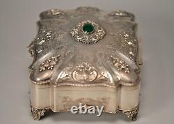 Antique Original Vintage 800 Sterling Silver Chalcedony Stone Floral Jewelry Box