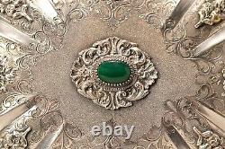 Antique Original Vintage 800 Sterling Silver Chalcedony Stone Floral Jewelry Box