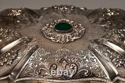 Antique Original Vintage 800 Sterling Silver Chalcedony Stone Floral Jewelry Box