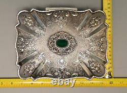 Antique Original Vintage 800 Sterling Silver Chalcedony Stone Floral Jewelry Box