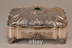 Antique Original Vintage 800 Sterling Silver Chalcedony Stone Floral Jewelry Box