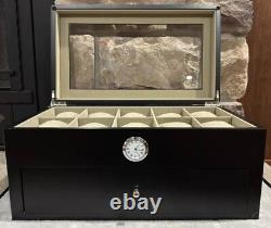 Bey-Berk Matte Black Wooden Luxury Watch Box with Glass Top, Drawer & Velour