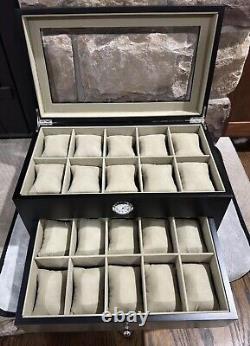 Bey-Berk Matte Black Wooden Luxury Watch Box with Glass Top, Drawer & Velour