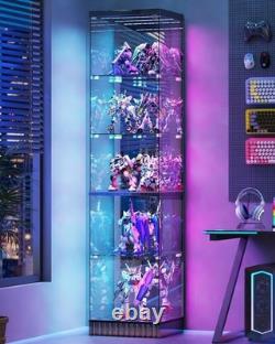 Black Display Cabinet with RGB Lights, Corner Curio Cabinets with Glass Doors