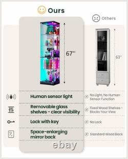 Black Display Cabinet with RGB Lights, Corner Curio Cabinets with Glass Doors