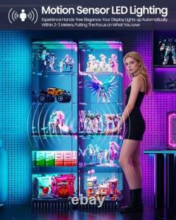 Black Display Cabinet with RGB Lights, Corner Curio Cabinets with Glass Doors