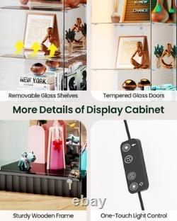 Black Display Cabinet with RGB Lights, Corner Curio Cabinets with Glass Doors