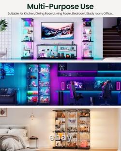 Black Display Cabinet with RGB Lights, Corner Curio Cabinets with Glass Doors