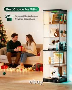 Black Display Cabinet with RGB Lights, Corner Curio Cabinets with Glass Doors