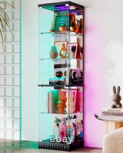 Black Display Cabinet with RGB Lights, Corner Curio Cabinets with Glass Doors
