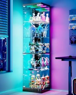 Black Display Cabinet with RGB Lights, Corner Curio Cabinets with Glass Doors