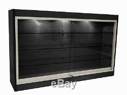 Black Wall Mounted Display Showcase with Glass Doors, Shelves, Lights, & Lock