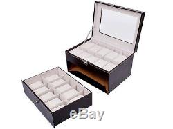 Brown Leather 20 Grid Jewelry Watch Display Organizer Glass Top Box Case Large