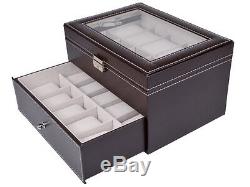 Brown Leather 20 Grid Jewelry Watch Display Organizer Glass Top Box Case Large