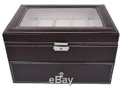 Brown Leather 20 Grid Jewelry Watch Display Organizer Glass Top Box Case Large