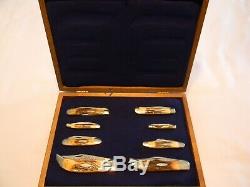 Case XX 1977 Blue Scroll 8 Knife Stag Mint Set Collection Wood Display Box