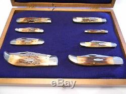 Case XX 1977 Blue Scroll 8 Knife Stag Mint Set Collection Wood Display Box