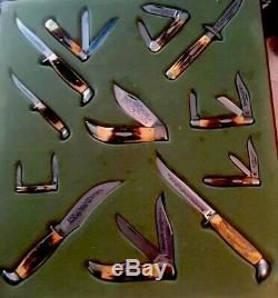 Case XX 1977 Stag Blue Scroll 12 Knife Set with Wooden Box Display