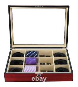 Display Case for 12 Ties, Belts, and Accessories Cherry Wood Storage Box Fath