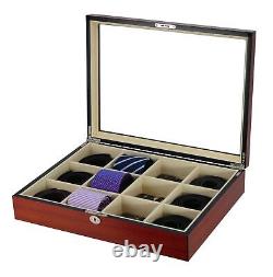 Display Case for 12 Ties, Belts, and Accessories Cherry Wood Storage Box Fath