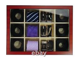 Display Case for 12 Ties, Belts, and Accessories Cherry Wood Storage Box Fath