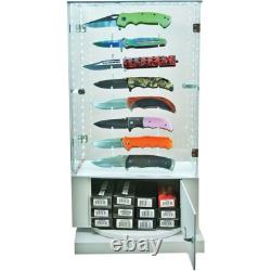 Display Case with LED Lights Acrylic Rotates Holds Sixteen Knives Stores 8 Below