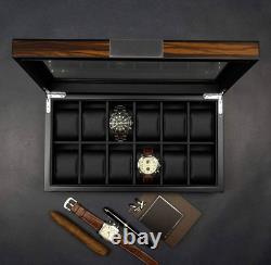 Elegant Men Watch Box Display Case Wood Luxury Organizer 12 Slot PU Leather Gift