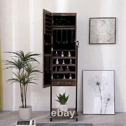 Full Length Mirror Jewelry Cabinet Free Standing Armoire Storage Organizer Brown