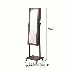 Full Length Mirror Jewelry Cabinet Free Standing Armoire Storage Organizer Brown