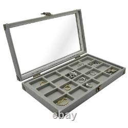 GREY LINEN GLASS TOP WOODEN CASE JEWELRY BOX DISPLAY CASE with 20 SLOT TRAY INSERT