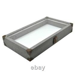 GREY LINEN GLASS TOP WOODEN CASE JEWELRY BOX DISPLAY CASE with 20 SLOT TRAY INSERT