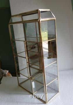 Glass Display Cabinet Brass Frame Mirrored Back Curio Shelf Collectible Case
