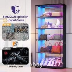 Glass Display Cabinet with Doors, RGB LED Curio Cabinet, Lockable Display Case