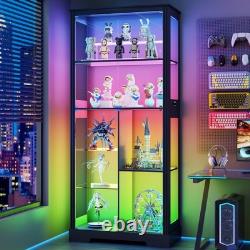 Glass Display Cabinet with RGB Light 7-Tier Show Case with Large Shelf, Black